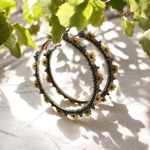 Handcrafted 59mm Beaded Hoop Earrings – Earthy Tones with Cream Accents
